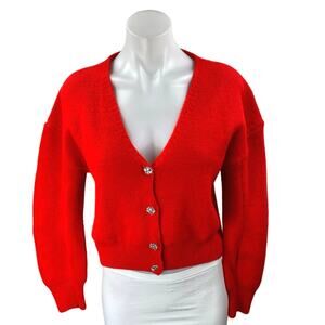 MNG Mango Red Knit Long Sleeve V-Neck Button Down Cardigan Sweater Top Size S